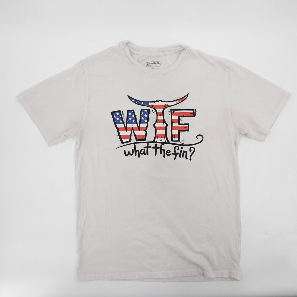 What The Fin Shirt Mens Medium White American Flag Whale Patriotic Graphic Tee